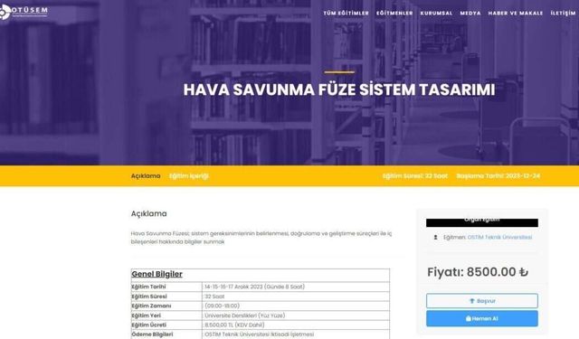 Ostim Teknik Üniversitesi hava savunma füze sistem tasarımına yönelik eğitim verecek